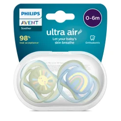 Avent 2 ciucci ultra air 0-6 mesi colore blu/verde – philips