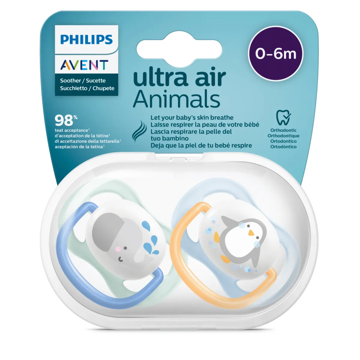 Avent 2 ciucci ultra air collection 0-6 mesi con tettarella simmetrica ortodontica – animaletti – philips