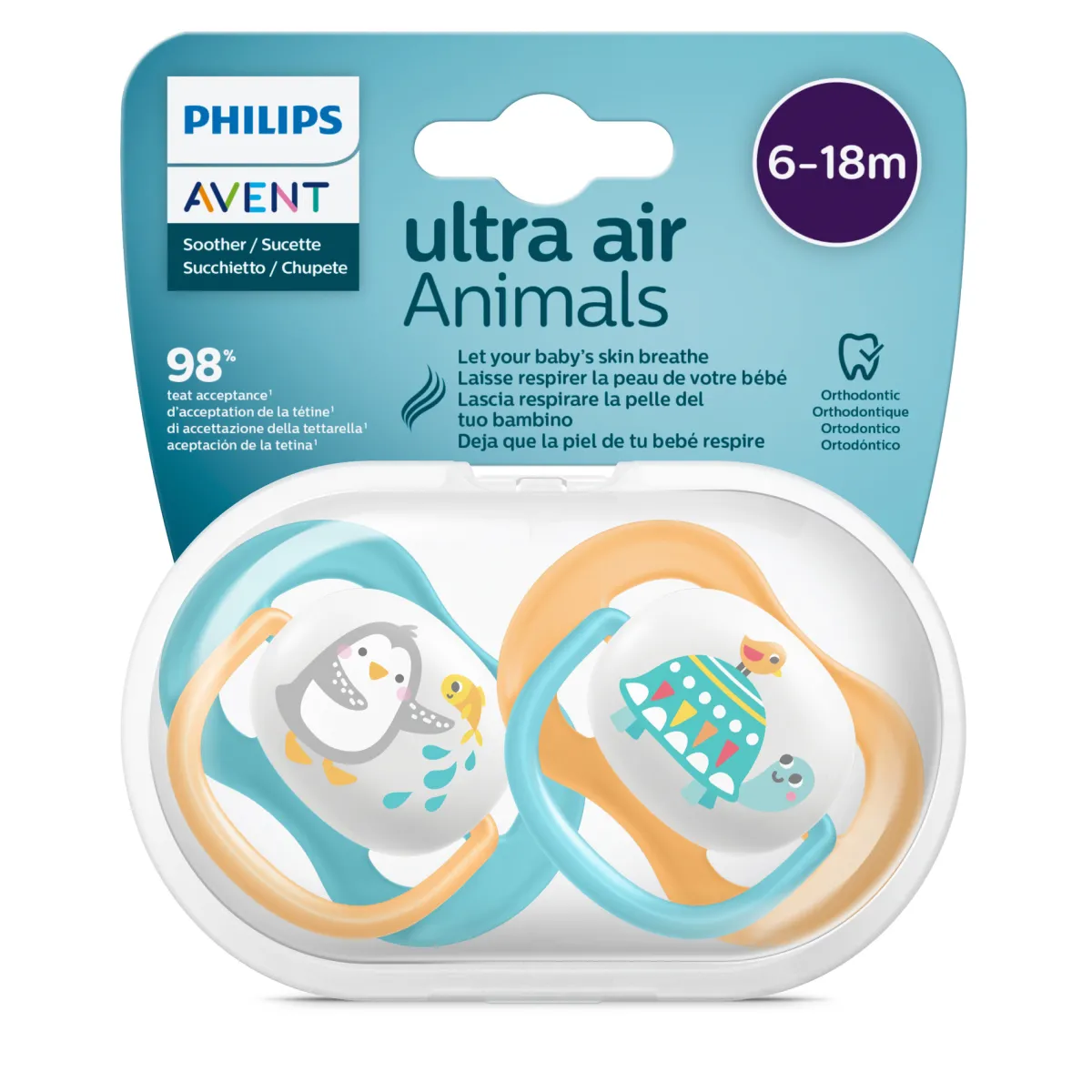 Avent 2 ciucci ultra air collection 6-18 mesi con tettarella simmetrica ortodontica- animaletti – philips