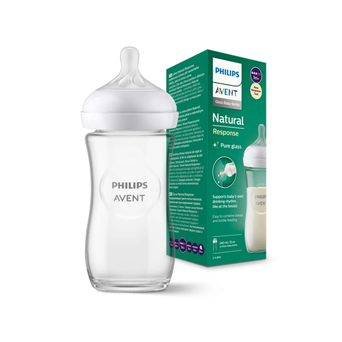 Avent Biberon natural in vetro con tettarella a risposta naturale da 240ml 1m+ | senza bpa – philips
