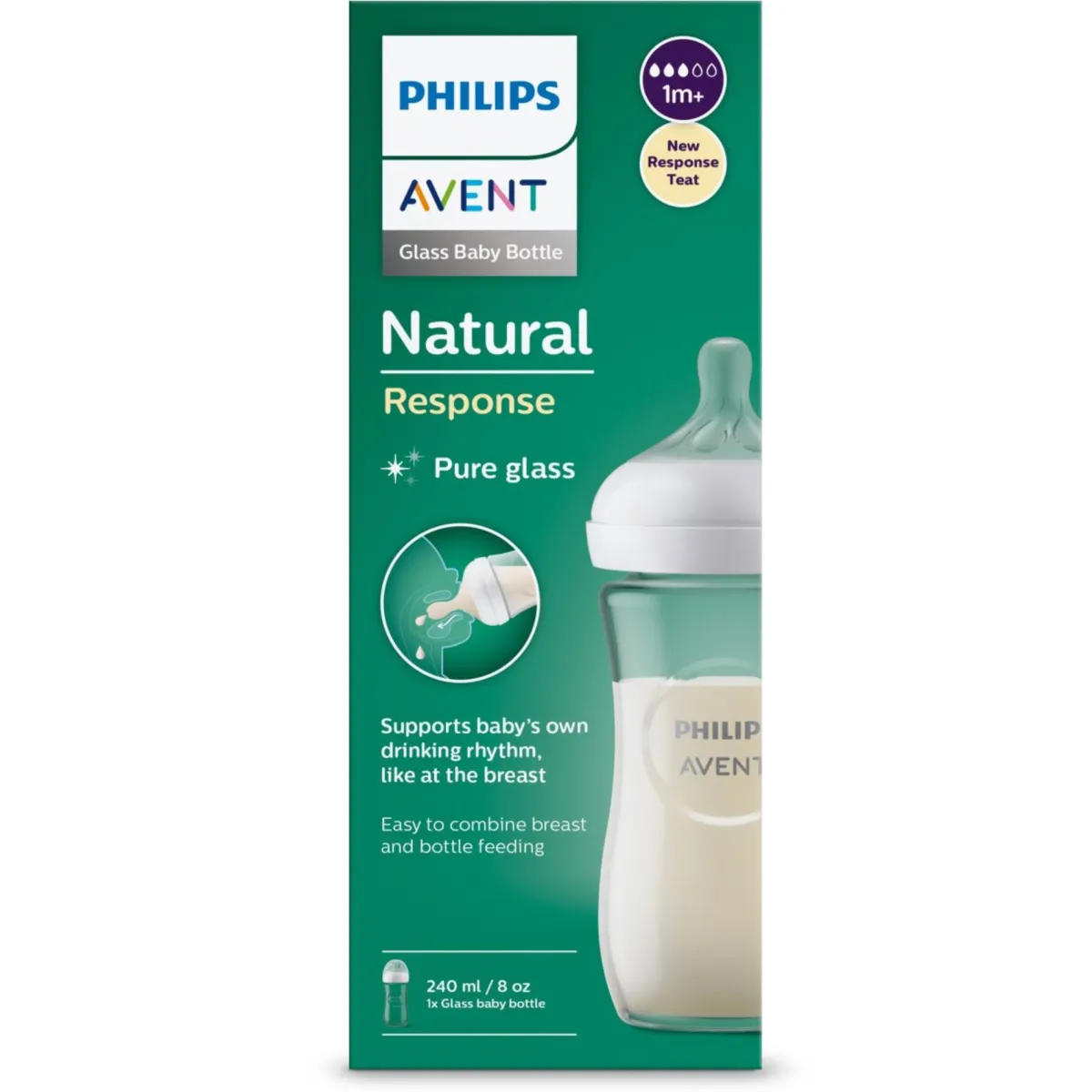 Avent Biberon natural in vetro con tettarella a risposta naturale da 240ml 1m+ | senza bpa – philips
