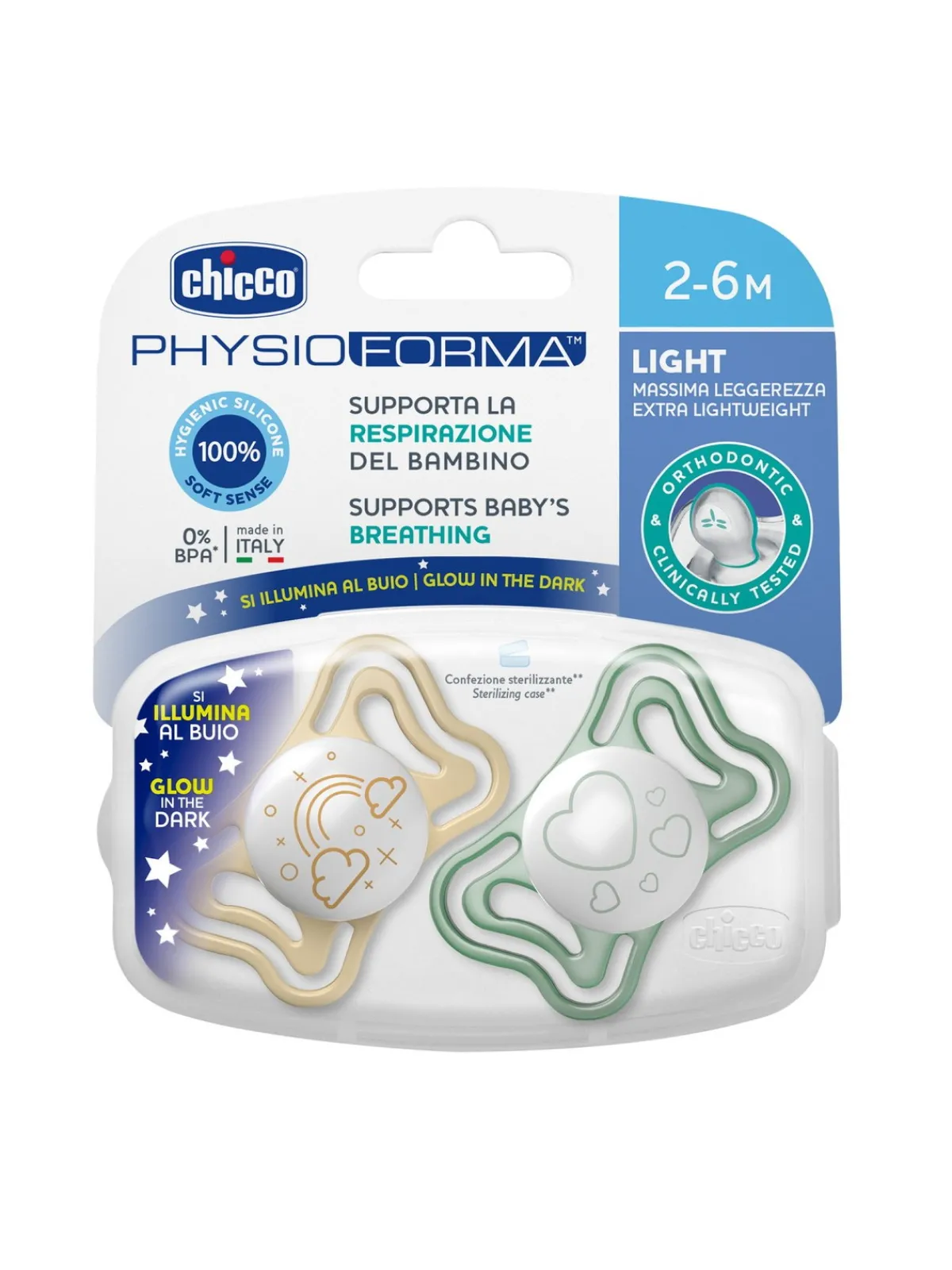 Chicco succhietto physio light lumi sil 2-6m 2 pz