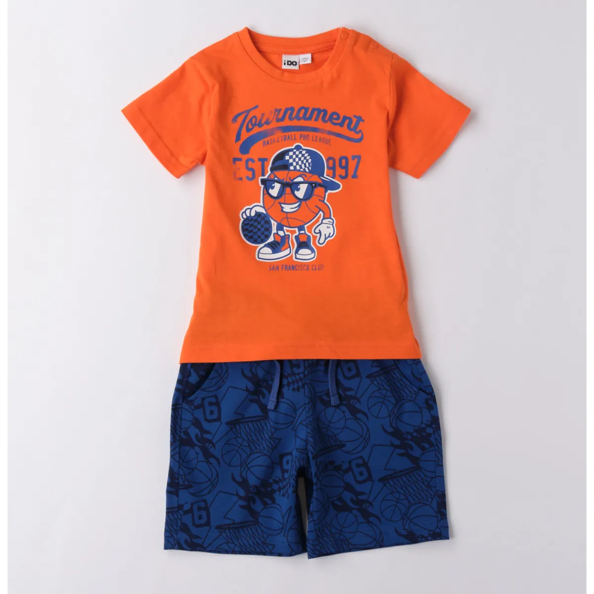 IDO Completo cort short blu fantasia + ts arancio pallone