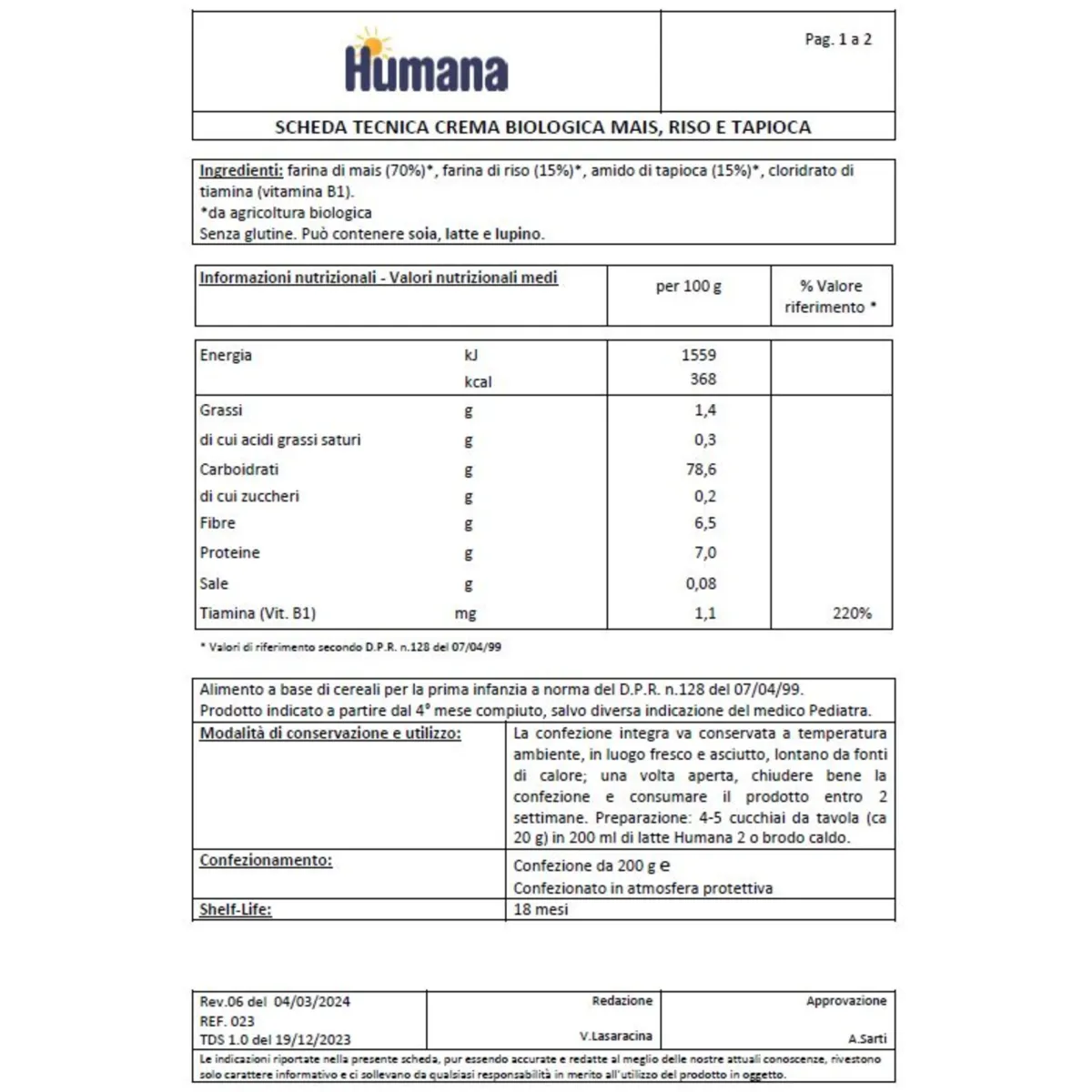 Humana Crema biologica mais riso tapioca 200g –