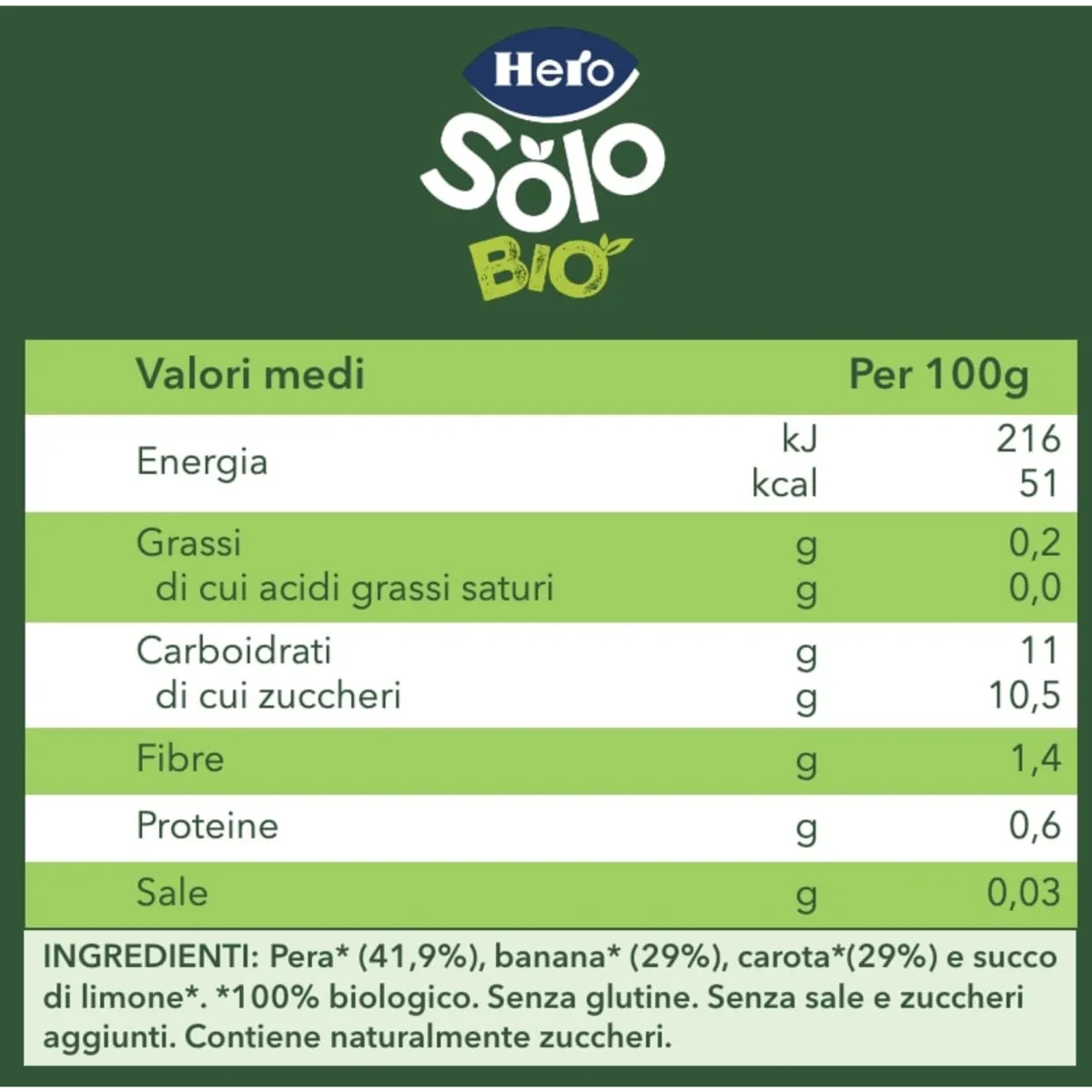 Hero solo omogeneizzati frutta pera banana e carota bio 6×120 gr