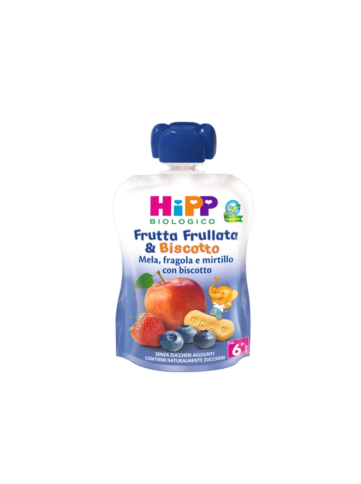 Hipp – frutta frullata & biscotto – mela, fragola e mirtillo con biscotto 90gr