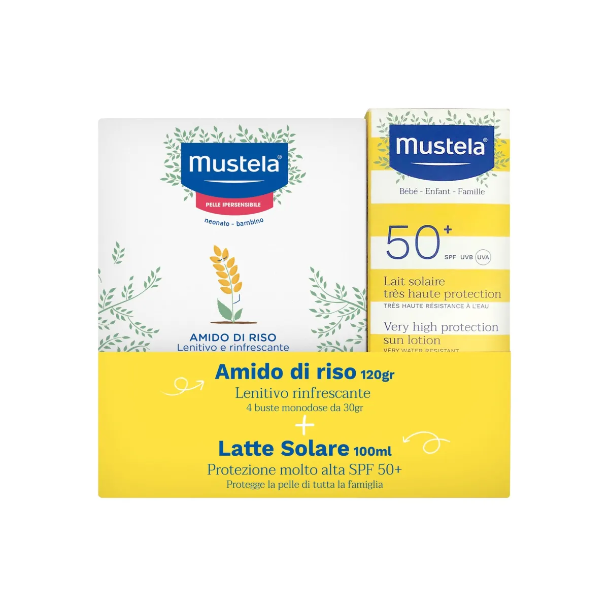 Mustela Latte solare protezione molto alta spf50+ 100ml + amido di riso 120gr –