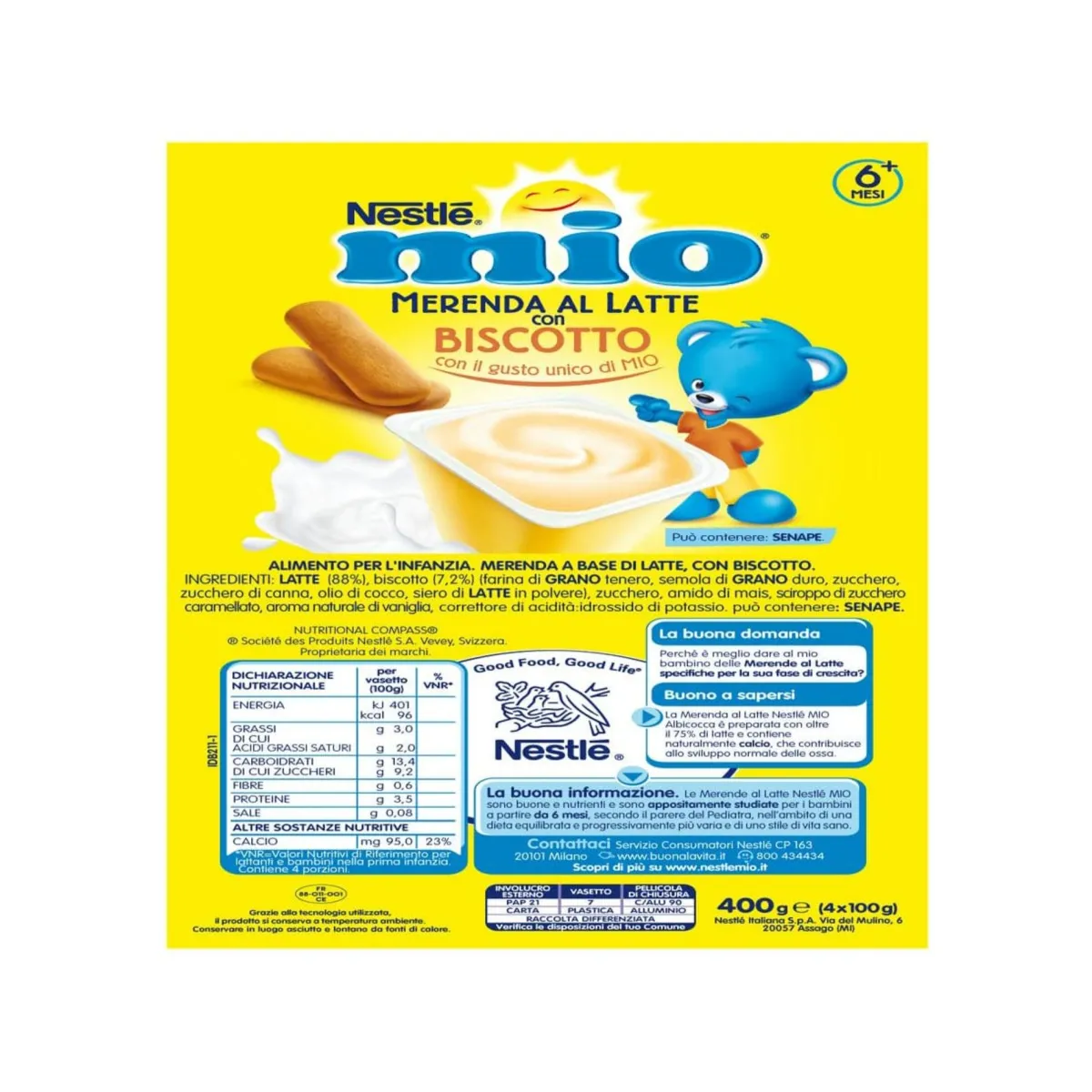 Nestlé Mio merenda al latte biscotto da 6 mesi – 4 vasetti da 100g –