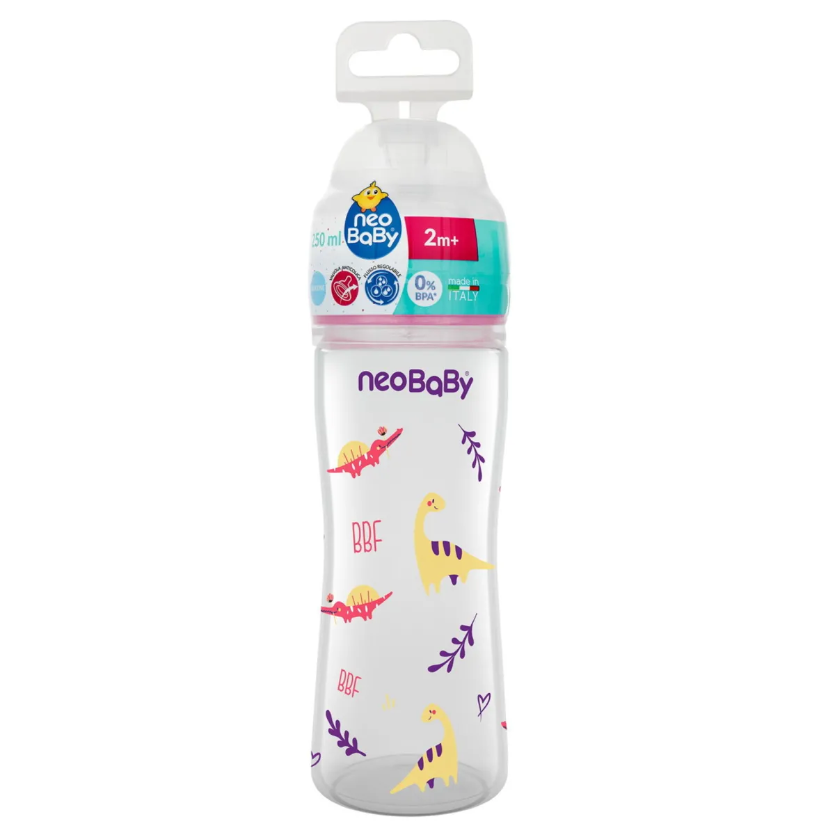 Neo Baby Neobaby biberon plastica collo largo silicone 250ml flusso regolabile rosa 2m+