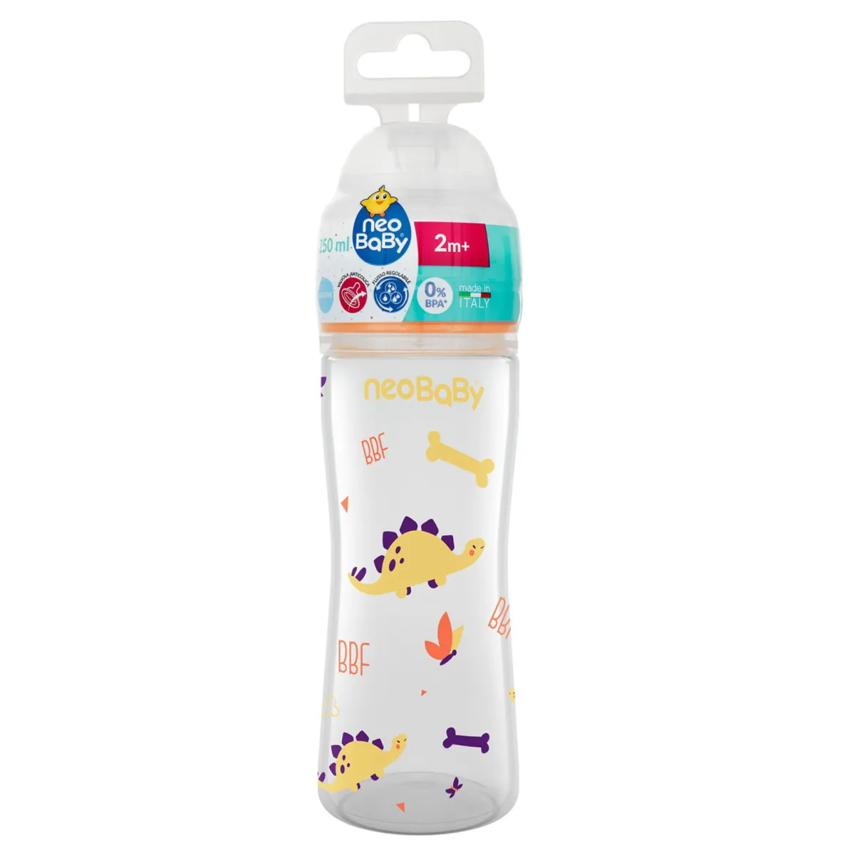 Neo Baby Neobaby biberon plastica collo largo silicone 250ml flusso regolabile arancione 2m+