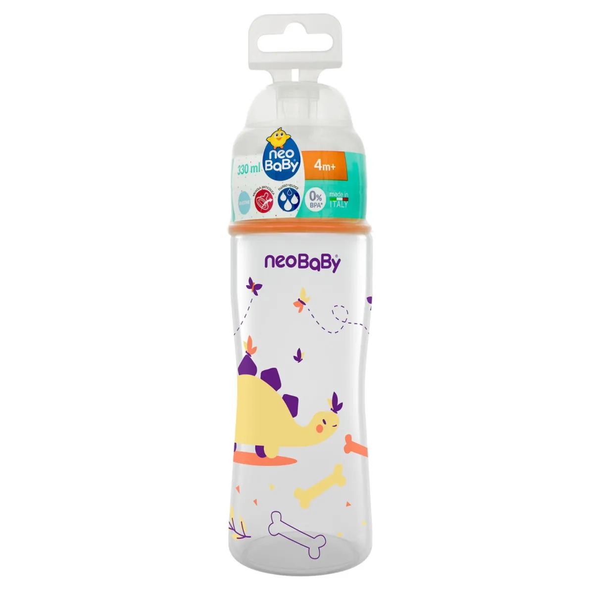 Neo Baby Neobaby biberon plastica collo largo silicone 330ml flusso veloce arancione 4m +