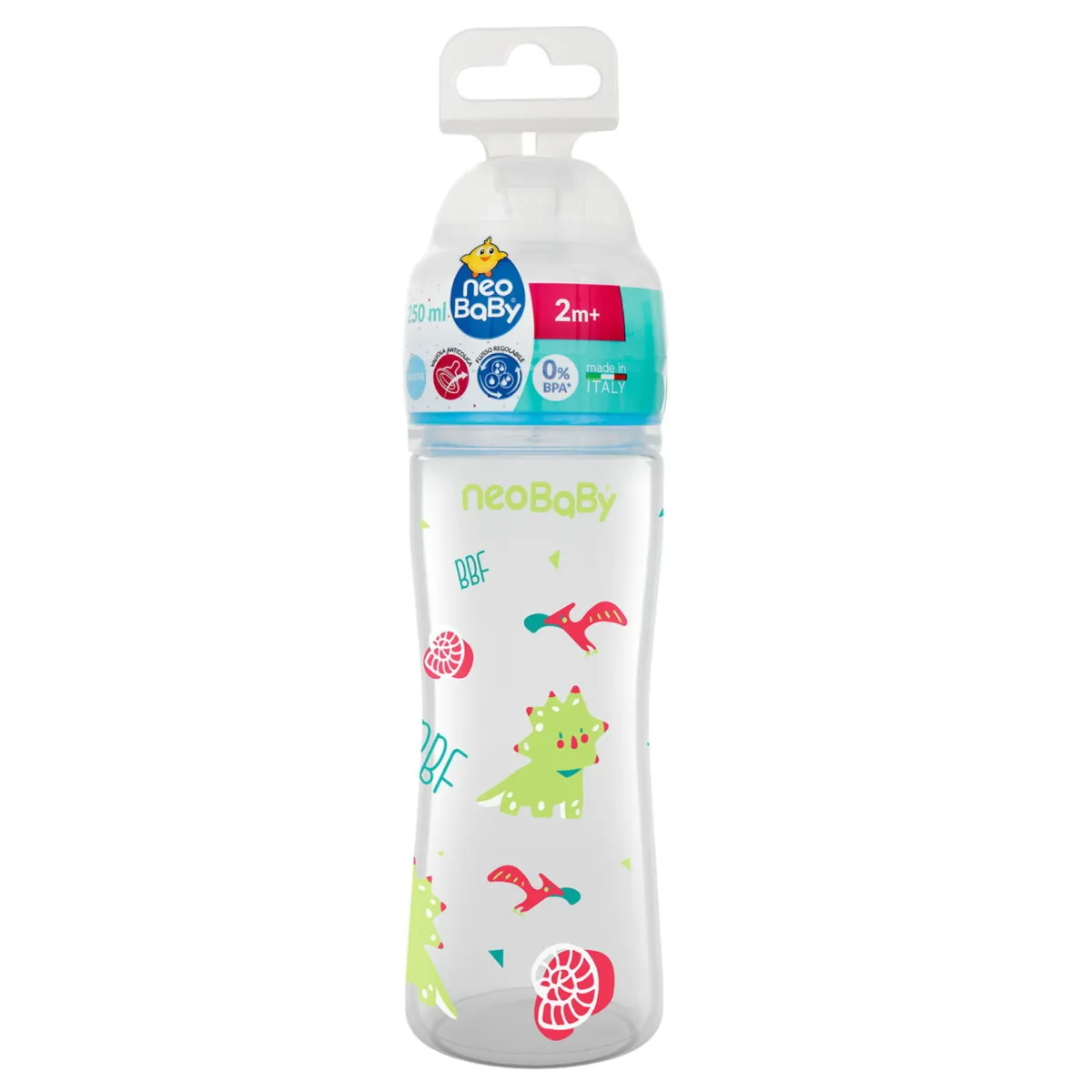Neo Baby Neobaby biberon plastica collo largo silicone 250ml flusso regolabile verde 2m+