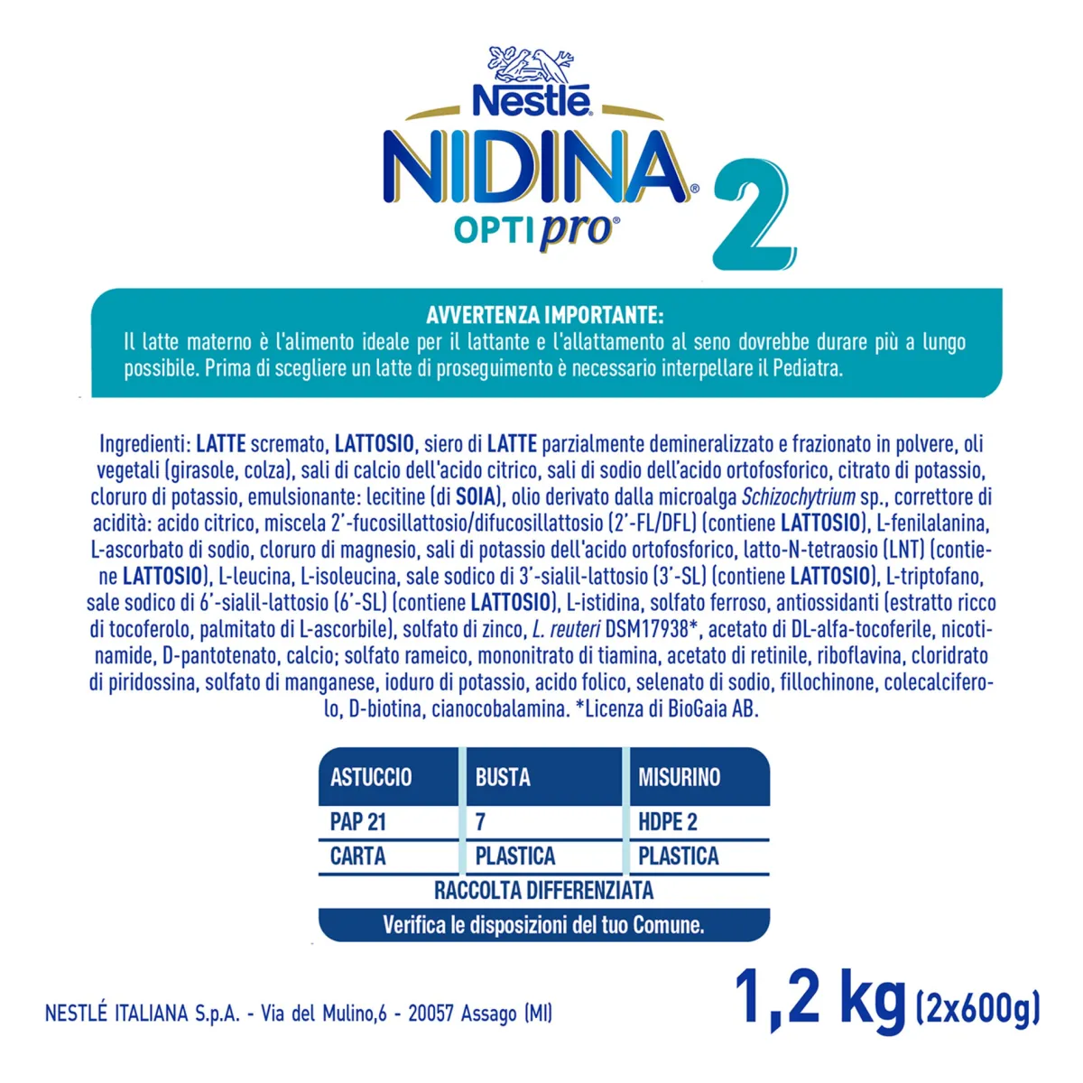 NESTLE' Nidina optipro 2 da 6 mesi, latte di proseguimento in polvere, 1,2 kg (2x600g) – nestlé