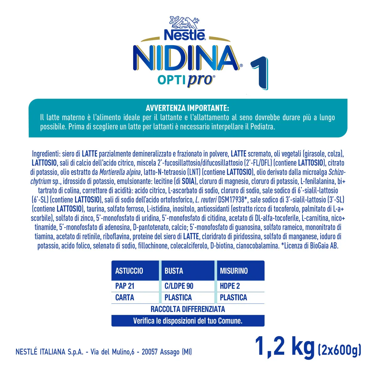 NESTLE' Nidina optipro 1 dalla nascita latte in polvere – 1.2 kg (2x600g) -nestlé