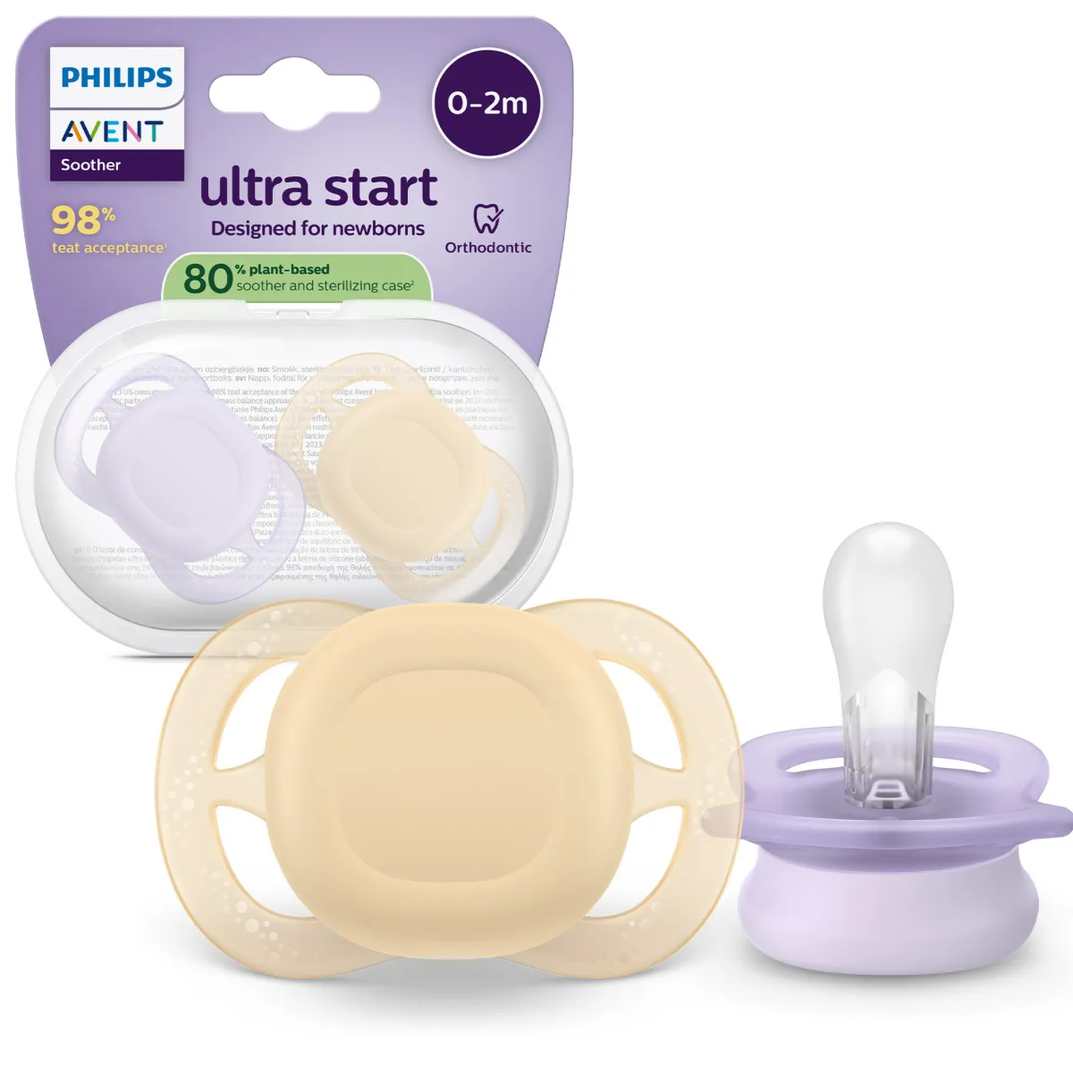 Avent Succhietti ultra start 0-2m day pastello giallo e viola, a base vegetale – set da 2 ciucci – philips