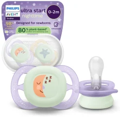 Avent Succhietti ultra start 0-2m night pastello viola e arancione luna e stella, a base vegetale – set da 2 ciucci – philips