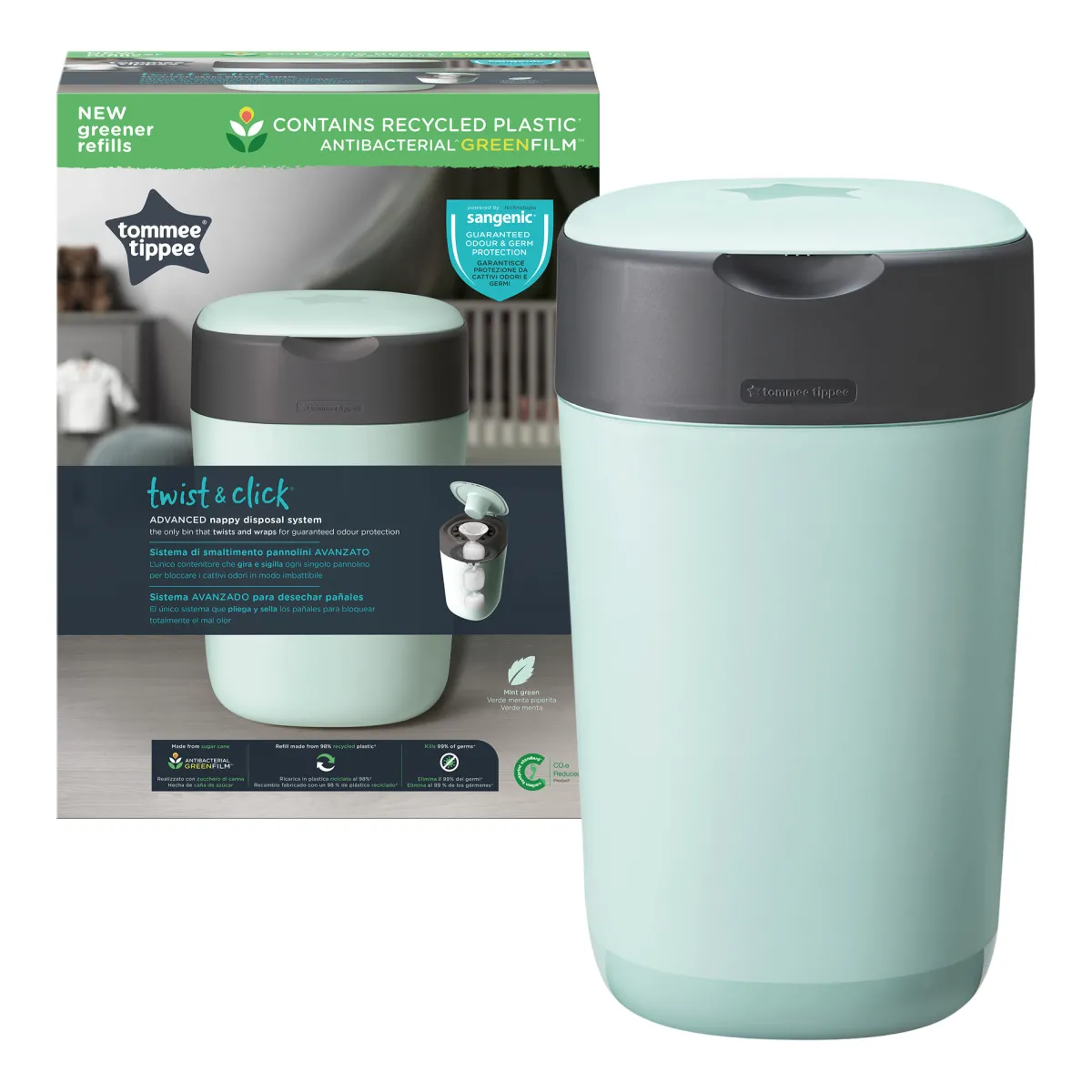 Sangenic Tommee tippee twist and click cestino per pannolini avanzato verde